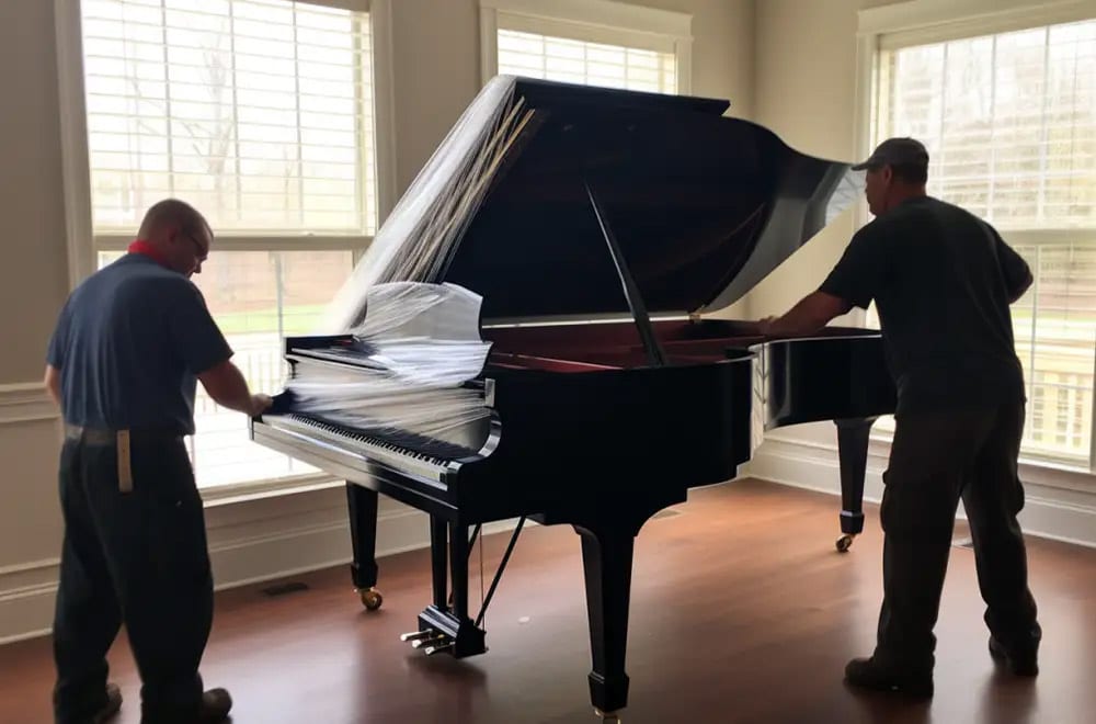 2 people wrapping up a piano for moving
