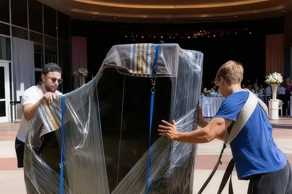 2 people moving a piano