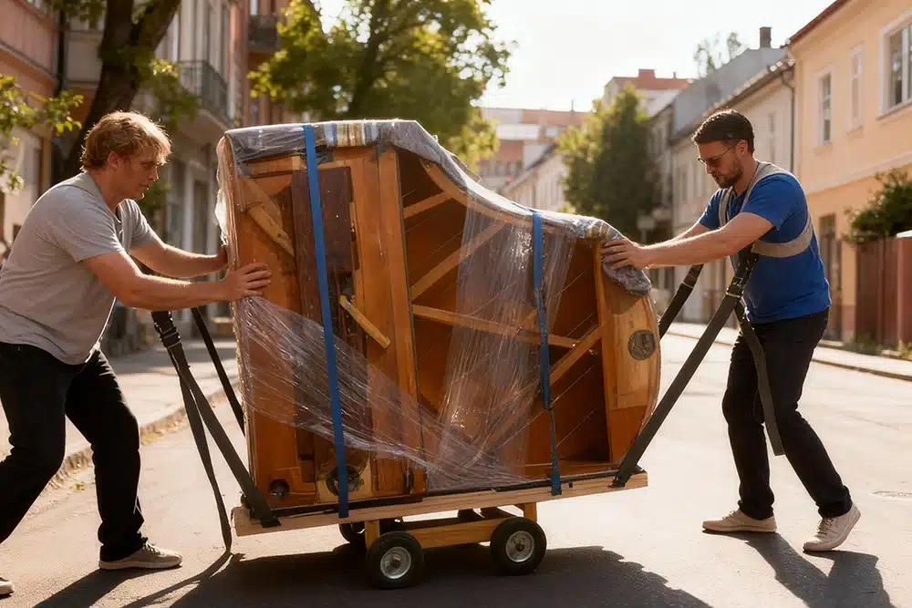 2 guys moving a piano in a street