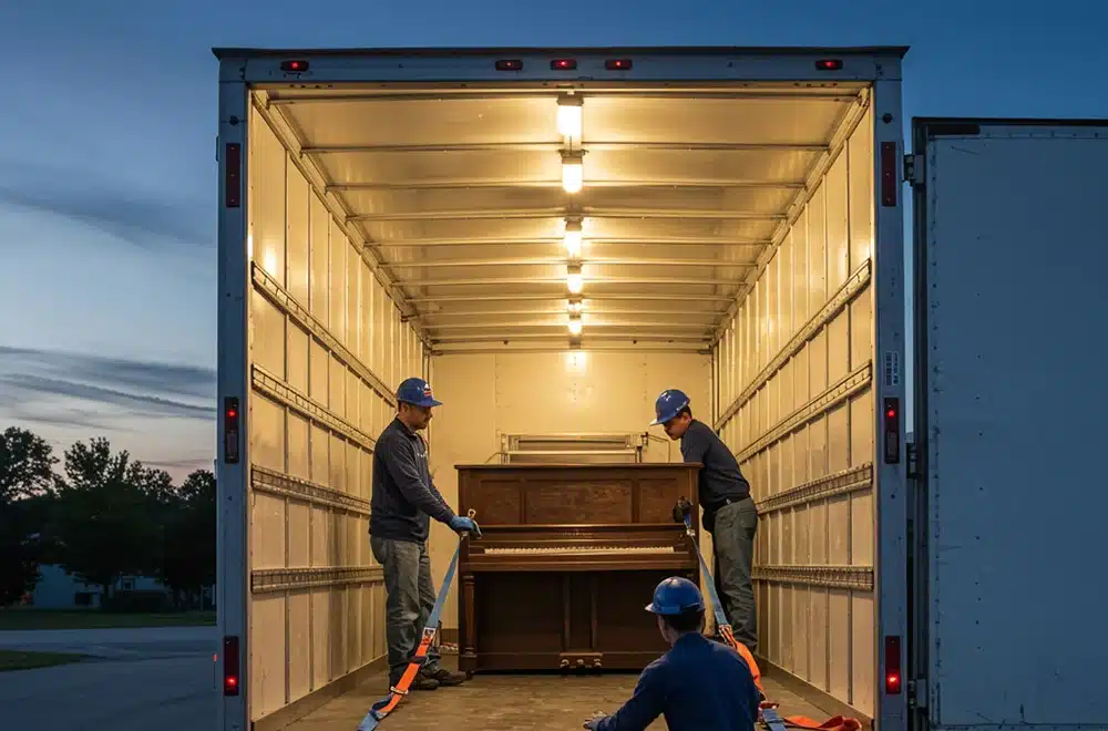 people locking a piano down in a truck to move